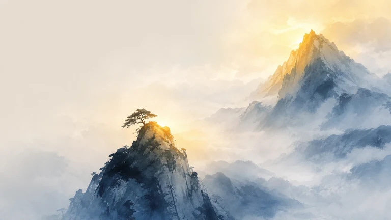 晨光穿过云雾照亮尖峭群峰与崖顶孤松