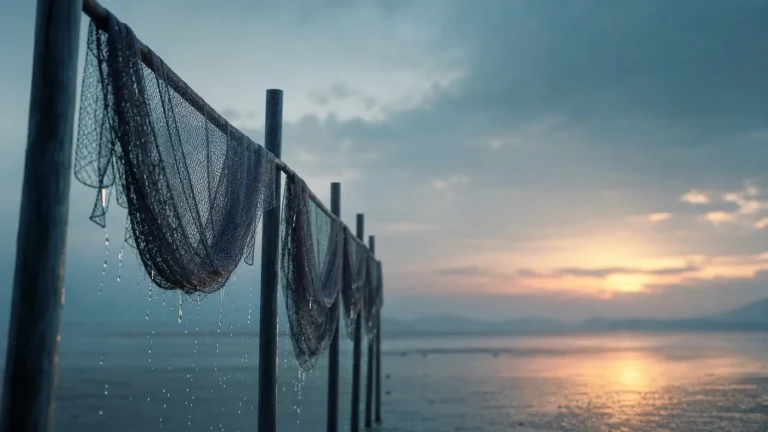 湿渔网挂在海边木桩架上滴水，远处夕阳贴近海面
