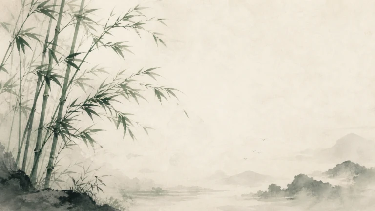 数竿青竹立在水墨湖岸，远处山水淡入雾中