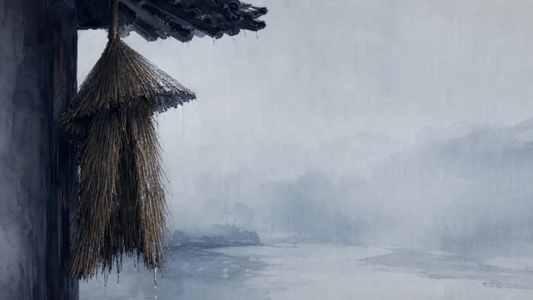 一束长草编成的蓑衣悬挂在雨中老屋檐下