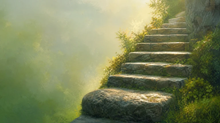长满青苔的石阶沿阳光山坡向上延伸
