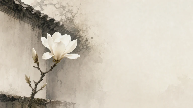 一枝白色玉兰花从水墨院墙前伸出，旁边还有数枚花苞