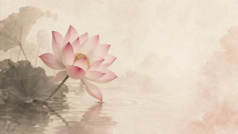 一朵粉白荷花倾向浅色水面，倒影与涟漪清晰可见