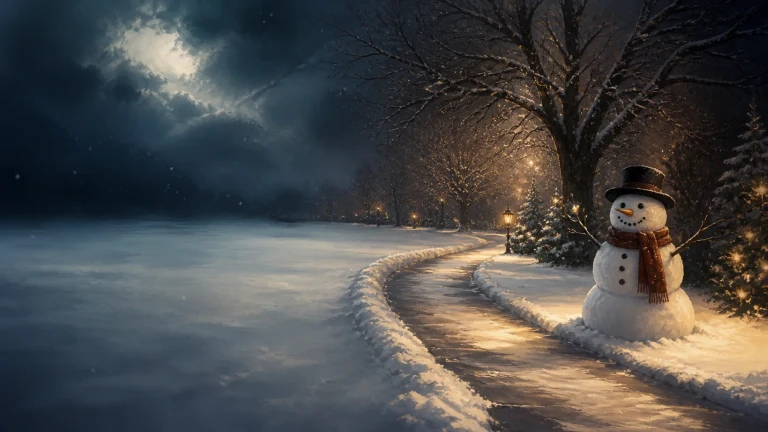 戴帽围巾的雪人站在灯光小路旁，雪夜树木挂满白霜