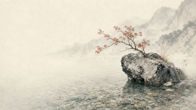 清浅水中一块大岩石长出红叶细枝，远处山水淡远