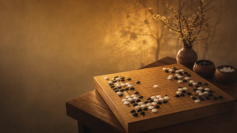木质围棋盘上散布黑白棋子，旁边放着两只棋罐与花瓶