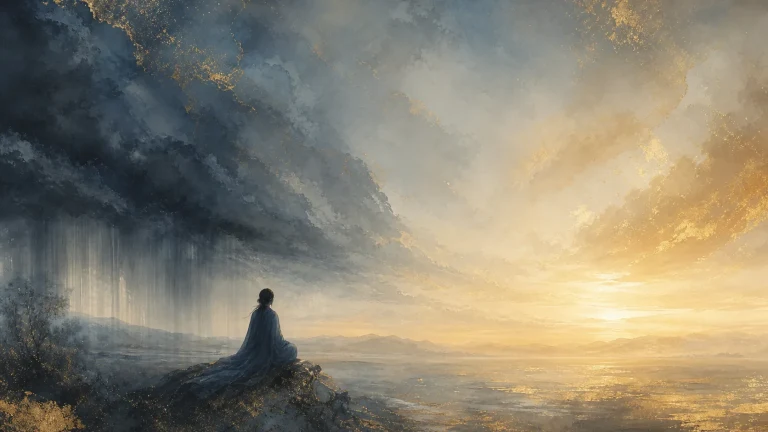一人坐在山崖边，左侧阴云降雨，右侧金色日出照亮平原