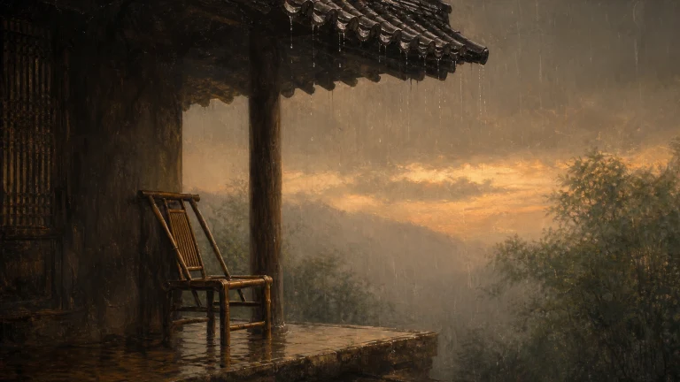 空竹椅置于雨中亭檐下，远处夕阳穿过山林