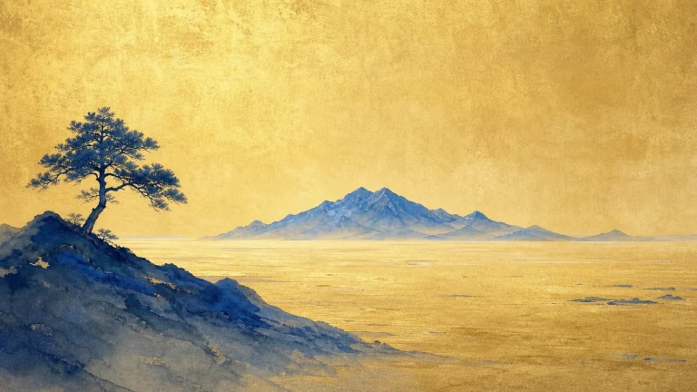 金色原野边的山坡长着一棵青松，远处蓝色群峰延伸