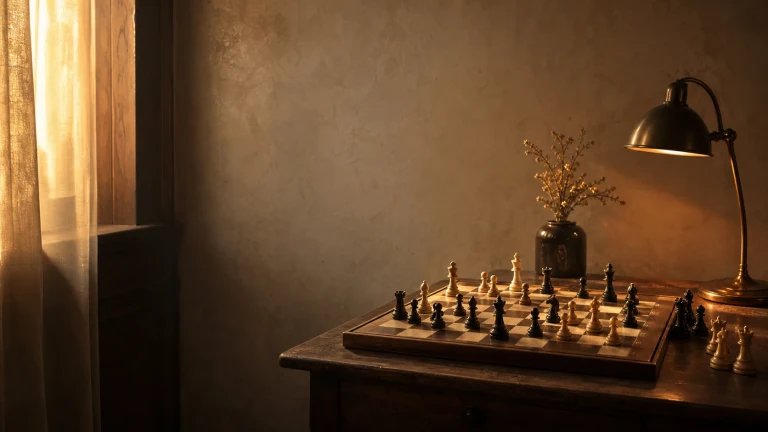 暖阳书房桌上摆着一局国际象棋，旁边台灯与花瓶静置