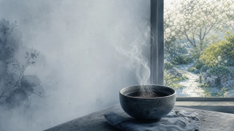 深色碗在窗边木桌上冒着热气，窗外花园明亮
