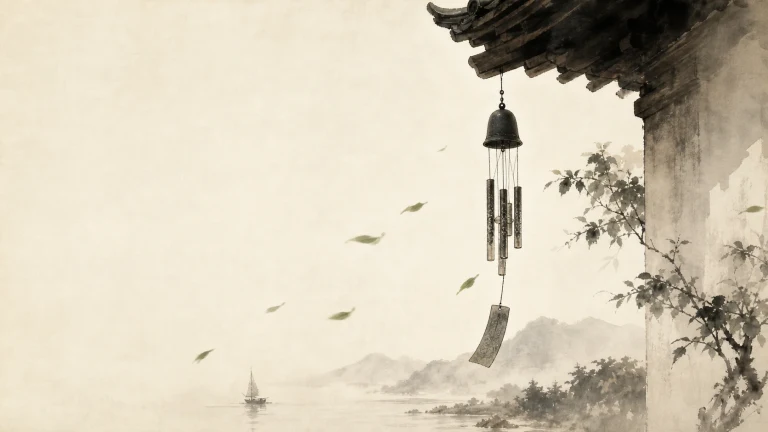 屋檐下悬着一串风铃，远处是水墨山湖与小船
