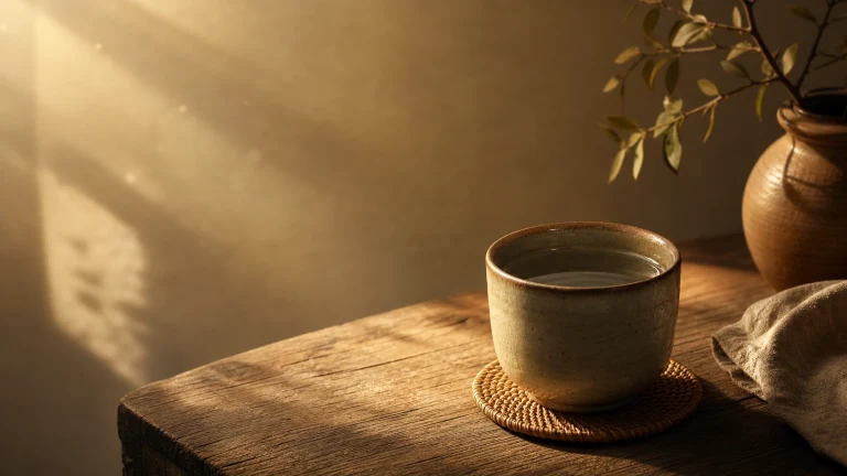 一杯清茶放在阳光照暖的木桌上，旁边有陶瓶与绿枝