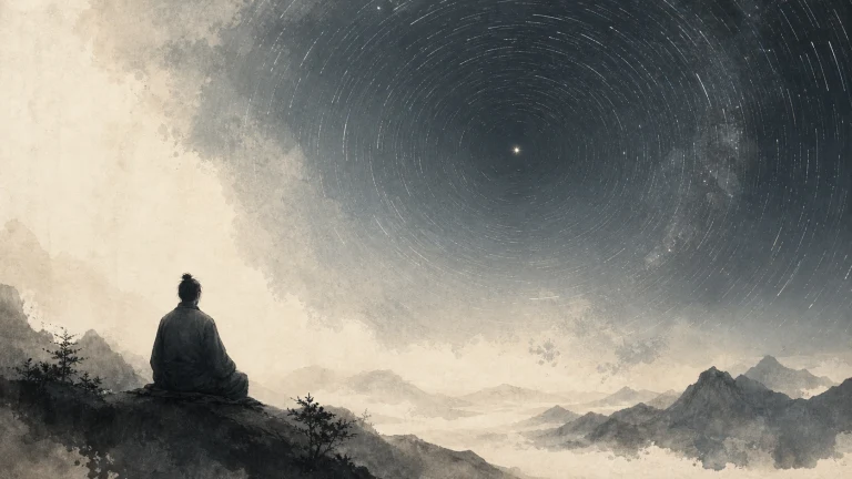 一人背对画面坐在山崖，仰望环绕亮星旋转的夜空