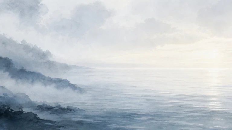 雾气笼罩浅蓝海岸与层叠礁石，远处水面泛着微光