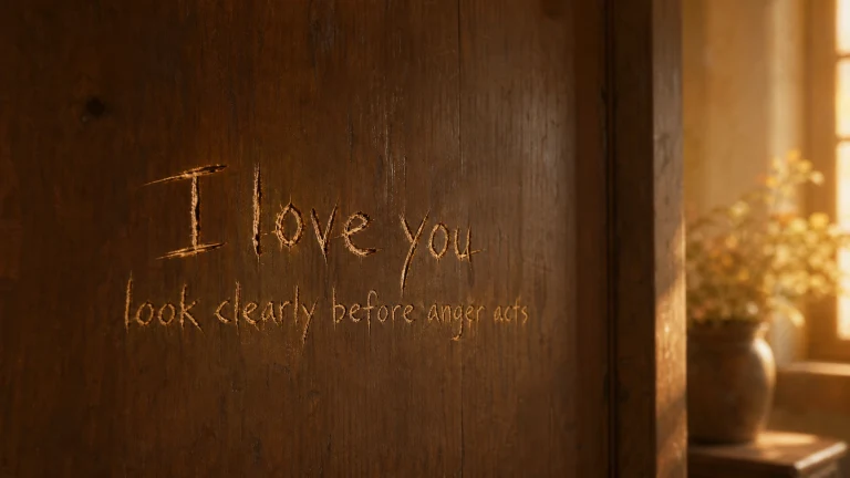 暖光木门上刻着“I love you”和“look clearly before anger acts”