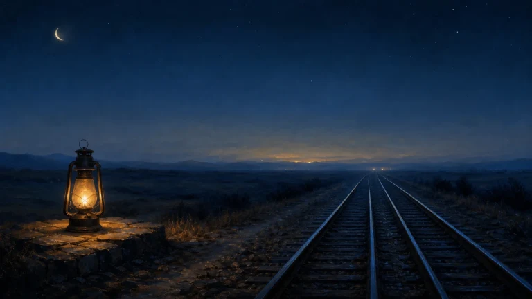 一盏油灯放在深夜铁路旁，铁轨伸向远处微亮天际