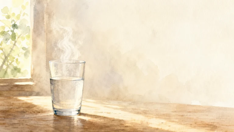 一杯清水放在阳光照亮的木桌上，杯口上方有淡淡白雾