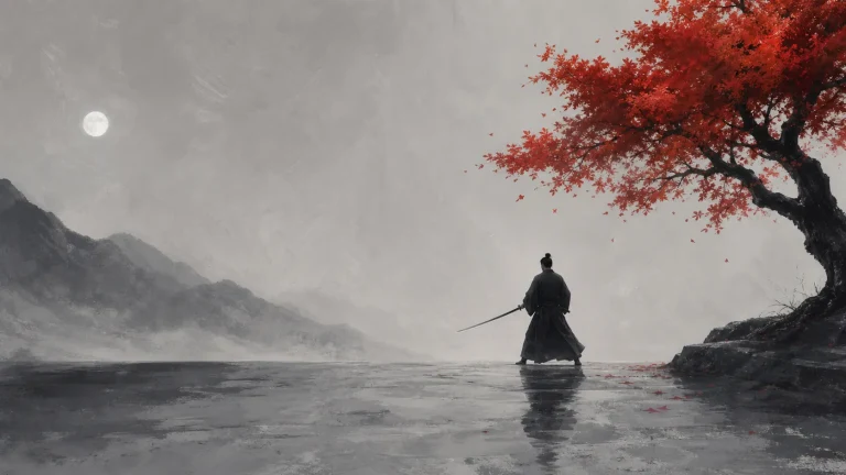 持剑人物站在浅水中，旁边红叶树伸向灰色月亮