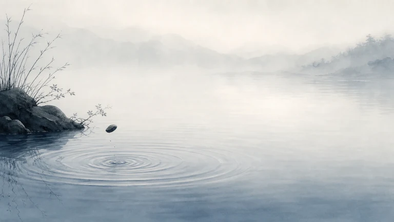 一颗小石子掠过雾色湖面，水面荡开层层圆形波纹