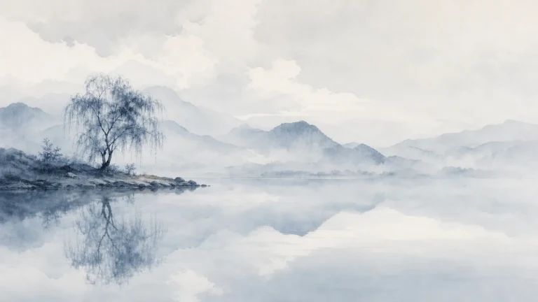 孤树立在雾色湖岸，平静水面倒映层叠远山