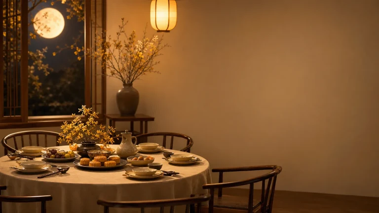 月光与灯笼照亮摆满菜肴的圆形餐桌，座椅空置
