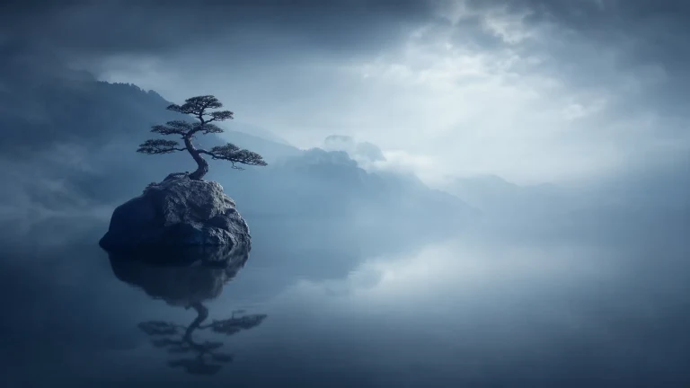 一棵矮松长在雾蓝湖面的孤石上，远山笼罩阴云
