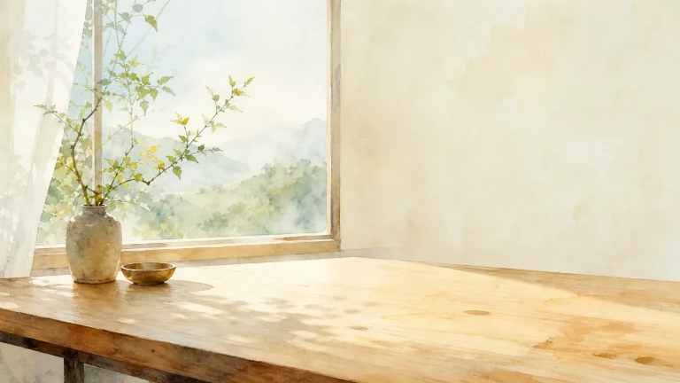 阳光照进空房，木桌上仅摆着插绿枝的陶瓶和小碗