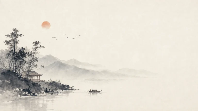 一叶小舟漂在水墨湖面，红日悬于远山和岸边亭台上方