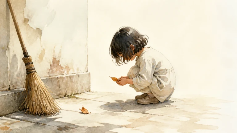 孩子蹲在墙边端详一片落叶，旁边靠着一把扫帚