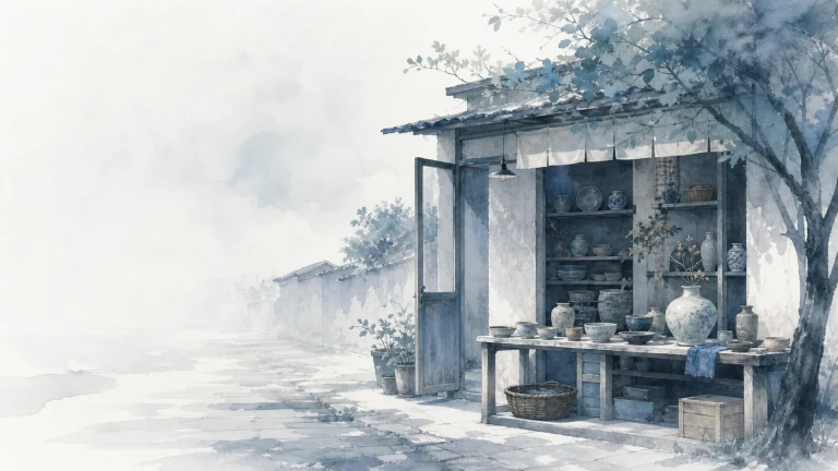 临水旧屋的开放货架摆满陶碗、茶壶和花瓶