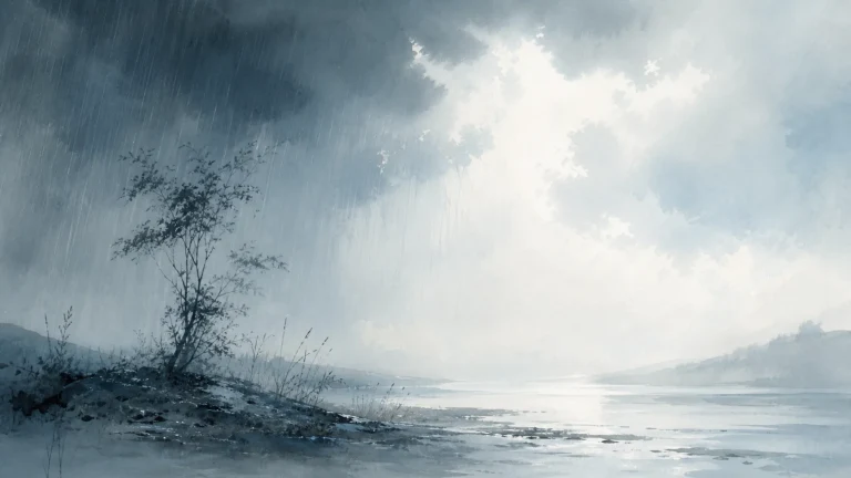 大雨落在水墨湖岸，乌云边缘透出一片明亮天光