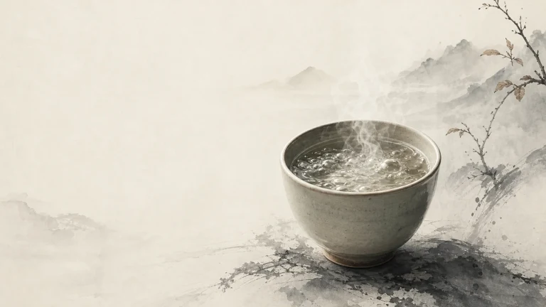一杯热饮置于水墨山景前，杯中水面与蒸汽轻轻翻动