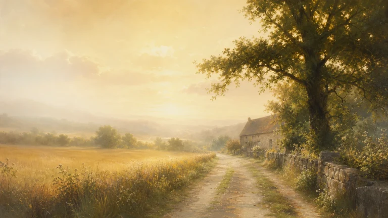 阳光乡间土路沿石墙与大树通向远处房屋和田野