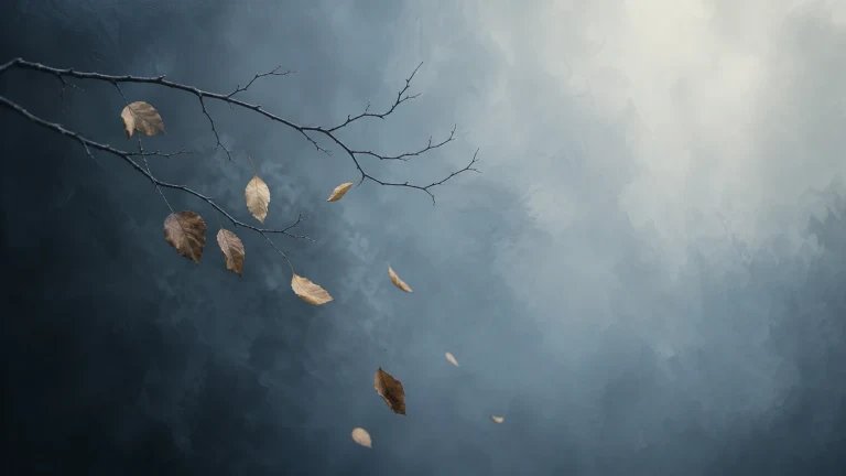 枯枝上的叶片被风吹落，背景是翻涌的蓝灰乌云