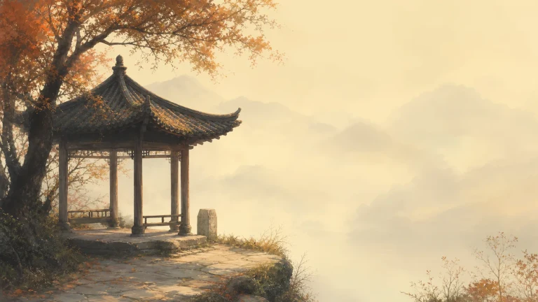 秋树旁的中式凉亭立在雾色山崖，远处群山被夕阳照亮