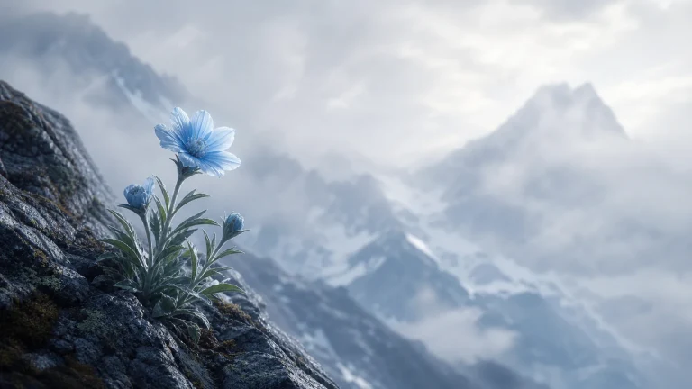 一株蓝色小花从陡峭岩缝生长，背景雪山云雾翻涌