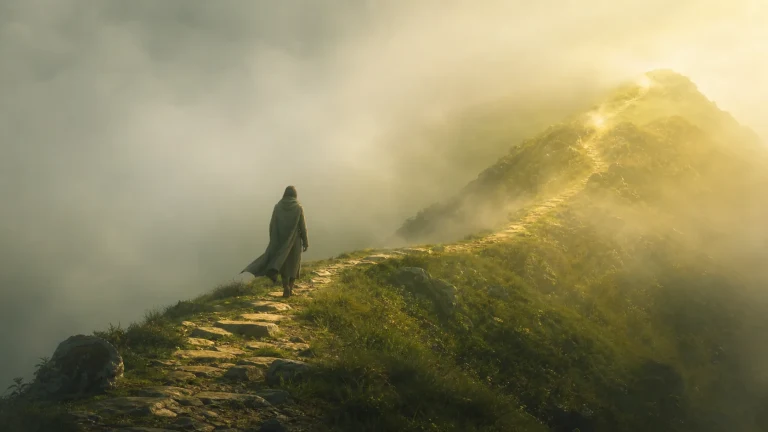 披斗篷的人沿云雾山脊石路走向被阳光照亮的峰顶