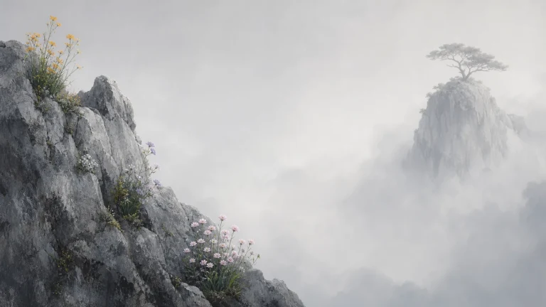 雾中陡峭山崖开着粉白小花，对面孤峰顶生长一棵树