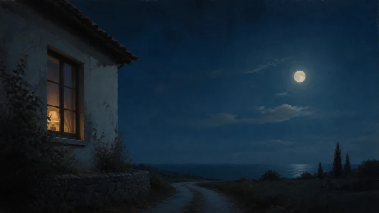 满月悬在深蓝夜空，乡间房屋窗口透出暖光