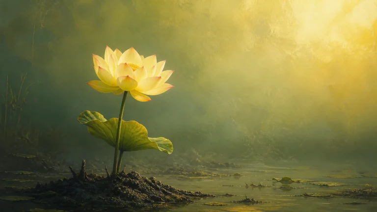 一朵淡黄莲花在金绿色晨光水塘边盛开