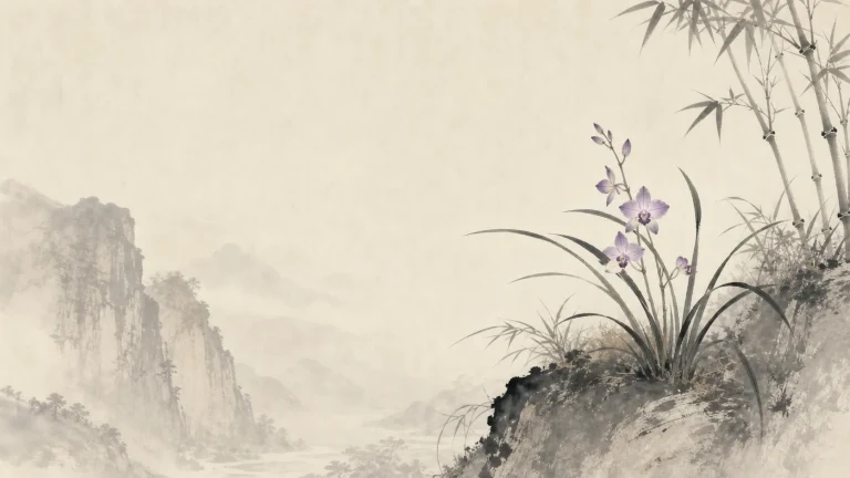 紫色兰花与竹叶生长在水墨峡谷边的岩石上