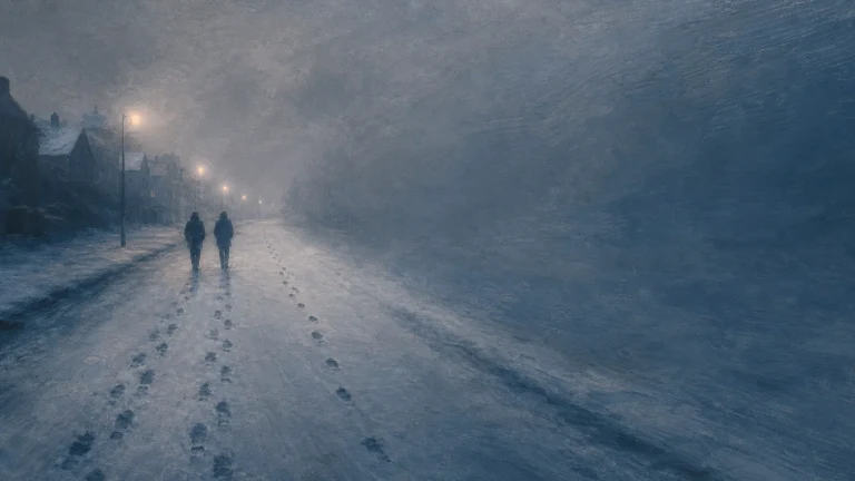 两人并肩走在风雪覆盖的乡间道路，身后留下一串脚印