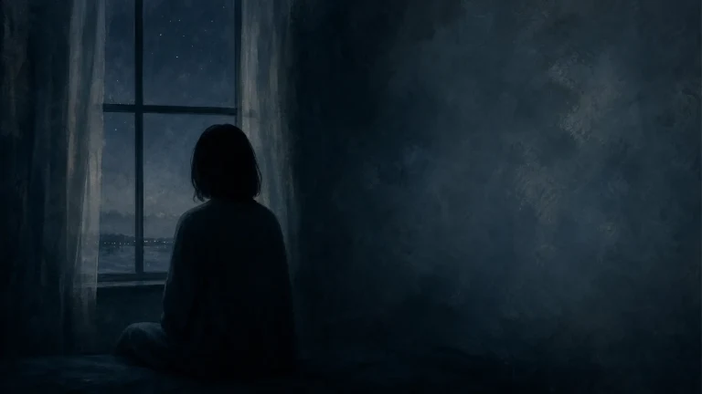 一人背对画面坐在深夜窗前，室内笼罩蓝黑阴影