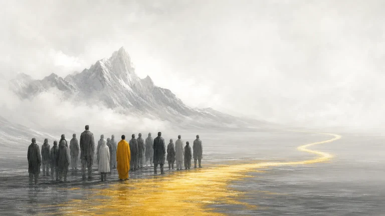 灰衣人群站在雪山前，一名黄衣人物位于金色道路旁
