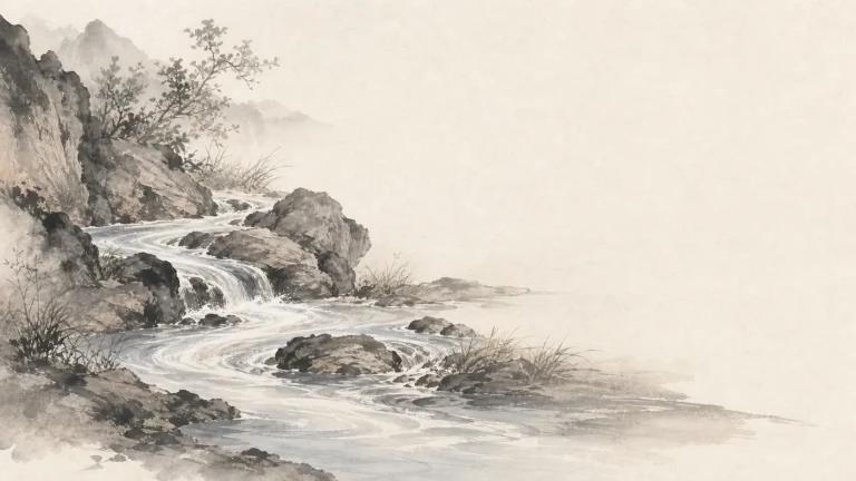 水墨山溪从层叠岩石间流下，汇入雾色浅滩