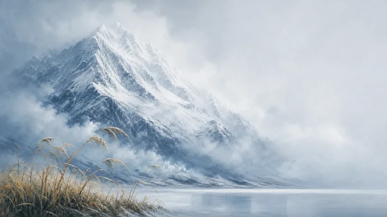 高耸雪峰从蓝白云雾中升起，山脚湖面平静