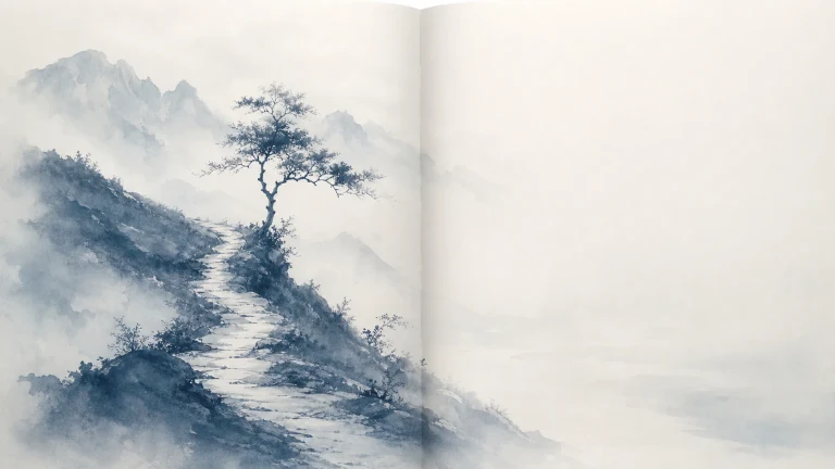 摊开的书页绘有通往孤树与群山的水墨小径