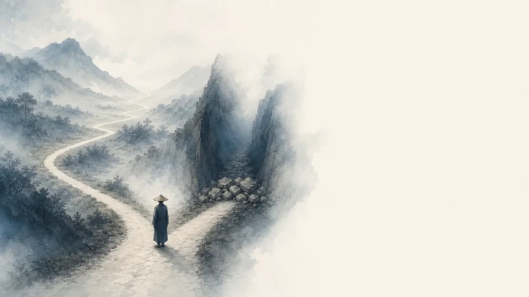 戴斗笠的人站在雾中岔路，左右小径分别绕向山谷