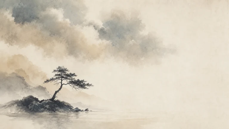 一棵矮松独自生长在雾色湖面的岩石小岛